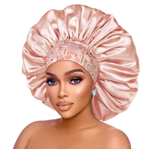 Vista 2 de Gorro de Seda y Satén para el Cabello: 2 piezas, 43 cm de Diámetro, Gorros Satinados Extra Grandes Jumbo para Dormir (Beige y Morado Claro)