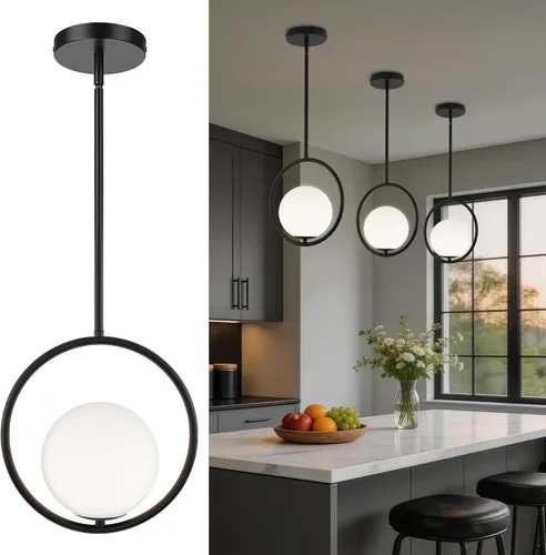 Vista 16 de AUTELO Luces colgantes para isla de cocina, 1 luz de oro cepillado moderno con lámpara colgante de globo blanco lechoso, varillas ajustables