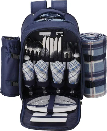 Vista 8 de Apollo walker Juego de mochila de picnic para 4 con compartimento refrigerador, soporte desmontable para botellas/vino que incluye manta de picnic