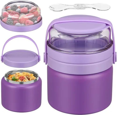 Vista 9 de Termo aislado 2 en 1 para alimentos calientes con caja de aperitivos Tritan, contenedor de alimentos de 13.5 onzas para niños, contenedor