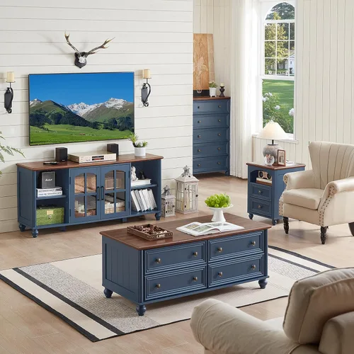 Vista 9 de RWYHG Soporte de TV estilo granja para TV de 60 pulgadas, centro de entretenimiento de madera con estantes ajustables y gabinete de almacenamiento