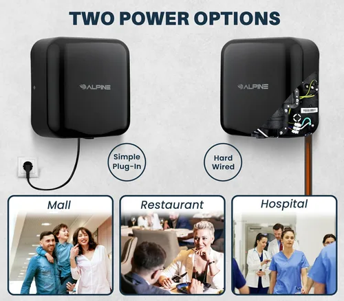 Vista 7 de Alpine Secadores de manos automáticos para baños, secador de manos eléctrico de acero inoxidable comercial de alta velocidad de 110-120V, opciones