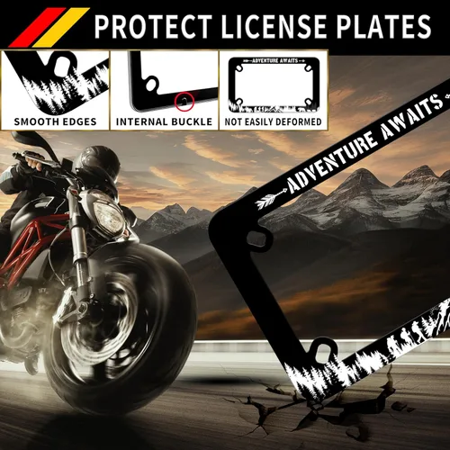 Vista 4 de Marco de placa de motocicleta Adventure Awaits de montaña, material de acero inoxidable, divertido soporte para placa de motocicleta, accesorios