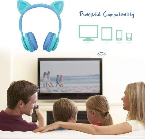 Vista 7 de Riwbox Kids Headphones, CT-7S Cat Ear Bluetooth Headphones with LED Light, 85dB Volume Limiting, Over Ear with Microphone for Laptop/PC/TV