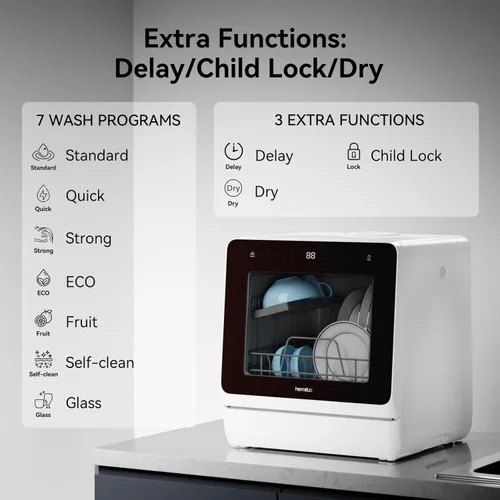 Vista 3 de Hermitlux Lavavajillas para encimera, 7 programas de lavado, mini lavavajillas portátil con tanque de agua integrado de 5 litros para apartamentos