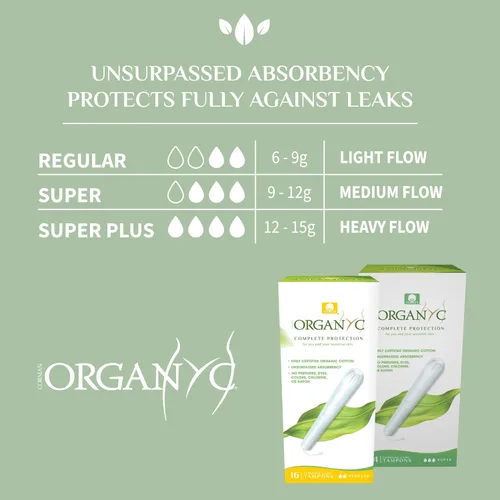 Vista 2 de Organyc Tampones de algodón orgánico 100% certificados, sin aplicador, súper, 16 unidades, color blanco