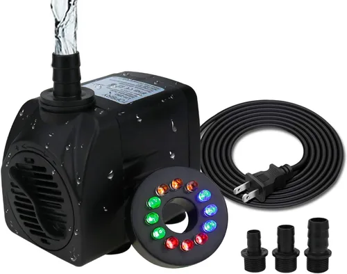 Bomba sumergible de fuente de 400 GPH (1800L/H, 25W), ultra silenciosa, 12 luces LED coloridas con 3 boquillas, cable de alimentación de 6 pies para
