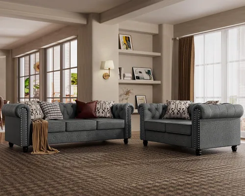 Vista 10 de Morden Fort - Juego de sillas y sofá Chesterfield clásico, con reposabrazos acolchados y patas de madera maciza, sofá cama para mascotas, cómodo