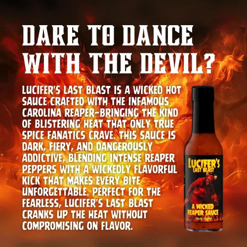 Vista 2 de Hellfire Lucifer's Last Blast A Wicked Carolina Reaper - Salsa gourmet, galardonada salsa, contiene 65% de puré de pimienta pura Carolina Reaper