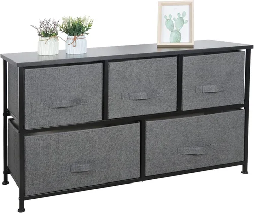 Vista 18 de Cómoda de tela con 5 cajones para almacenamiento, baúl de tela con cesta profunda, marco de acero resistente y parte superior de madera, Gris claro