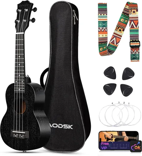 Vista 22 de AODSK Ukelele soprano para principiantes, kit de ukelele de 21 pulgadas con bolsa de concierto, correa, afinador, cuerdas de nailon, 4 púas, paño