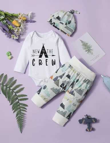 Vista 35 de Conjunto de 3 piezas de ropa para bebé y niño, manga de tatuaje, mameluco divertido y pantalones
