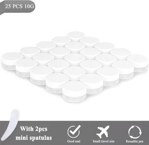 Vista 5 de 25 piezas 10 gramos de contenedores de muestra, tarros vacíos de 10 ml con tapas, pequeños contenedores cosméticos, tarros de muestra mini con 2