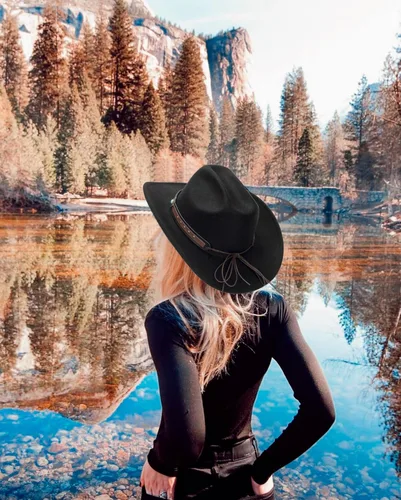 Vista 7 de Sombrero de vaquero occidental para hombres y mujeres, sombrero clásico de Fedora con cinturón de hebilla