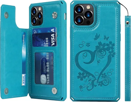 Vista 10 de iCoverCase Funda compatible con iPhone 12 Pro Max con tarjetero para mujer, bloqueo RFID en relieve de piel sintética con correa de muñeca de 6.7