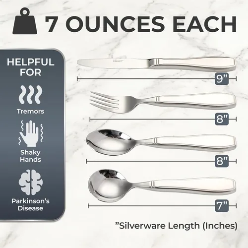 Vista 2 de Utensilios con peso para temblores y Parkinson, juego de cubiertos de acero inoxidable pesado, cubiertos adaptativos para comer que ayudan