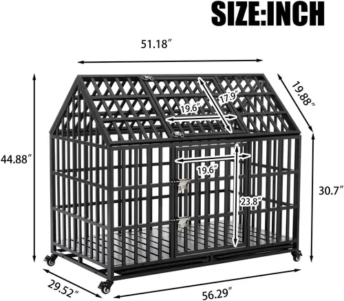 Vista 6 de Heavy Duty Carbon Steel Dog Crate with Spire Roof Design, Lockable Front and Top Doors, Removable ABS Trays & 4 Swivel Casters for Large Breeds