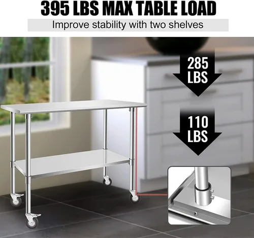 Vista 7 de Mesa de acero inoxidable, mesa de trabajo de 36 x 18 pulgadas con ruedas, 2 estantes, mesa de preparación de metal para cocina comercial