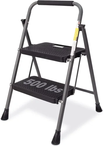 Vista 9 de GOLYTON Escalera plegable de 2 escalones con plataforma antideslizante y barandilla, acero resistente, capacidad de 500 libras, taburete portátil