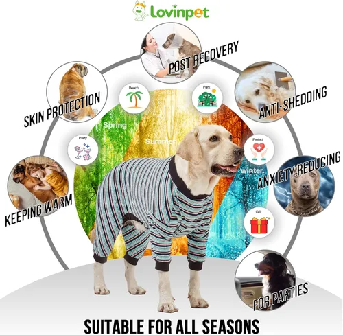 Vista 5 de LovinPet Pijama grande para perro, camisa de algodón multicolor a rayas, cuerpo completo 99.9% algodón, pijama para perro de raza grande, pijama