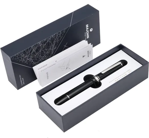Vista 2 de erofa Majohn P136 Pluma Estilográfica de Pistón Punta Mediana con Caja, Juego de Pluma de Escritura de Resina Negra