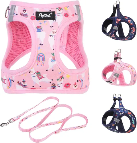 Vista 11 de Pupteck Juego de arnés y correa para perros pequeños y medianos, cachorros, gatos, sin tirones, de malla suave, chaleco reflectante por la noche