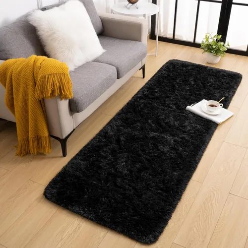 Vista 2 de Toneed Alfombra de pasillo esponjosa para dormitorio, sala de estar, 2 x 6 pies, color negro, alfombra lanuda súper suave y moderna, alfombra