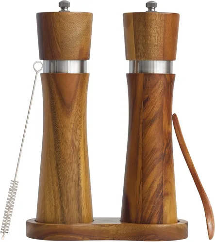 Vista 7 de 2 Pieces Acacia Wood Manual Pepper Grinder and Sea Salt Mill Set Handheld Spice Tool for Kitchen(GStraight Tube)