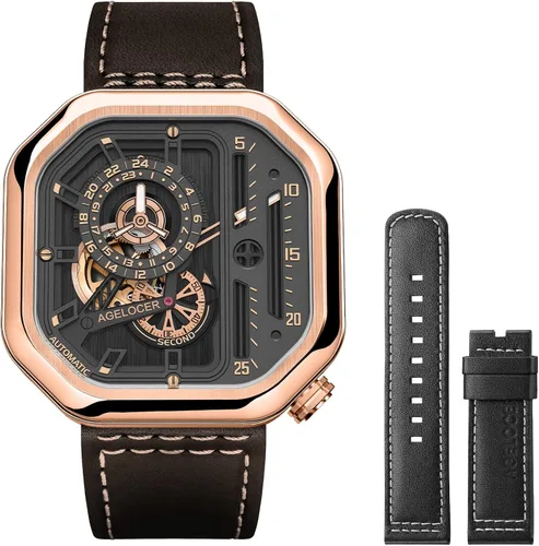 AGELOCER Relojes automáticos mecánicos cuadrados deportivos luminosos para hombre color negro