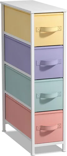 Vista 15 de Sorbus Cómoda estrecha con 4 cajones - cómoda de almacenamiento vertical delgada con marco de acero, parte superior de madera y contenedores de tela