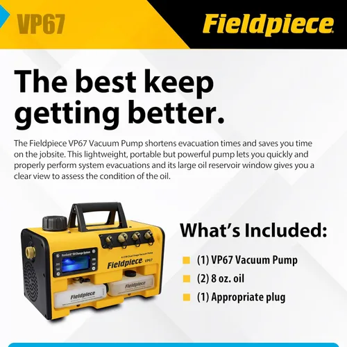 Vista 5 de Bomba de vacío Fieldpiece VP67 – 6 CFM, motor DC de 1/2 HP, sistema de cambio de aceite RunQuick – portátil - herramienta profesional HVAC