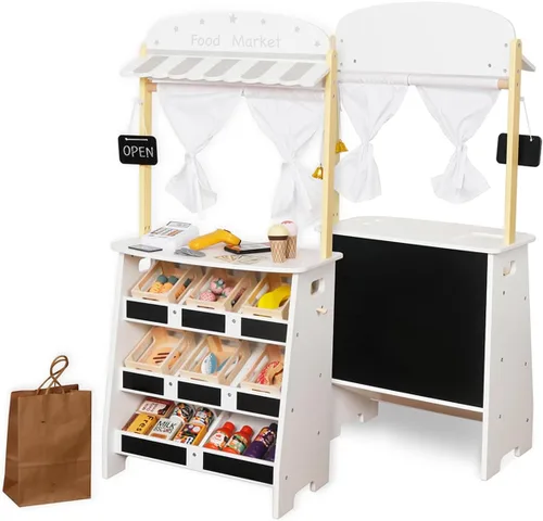 Vista 6 de Touch Us Juego de tienda de comestibles para niños, tienda de juegos de simulación y carrito de compras de supermercado de madera con caja