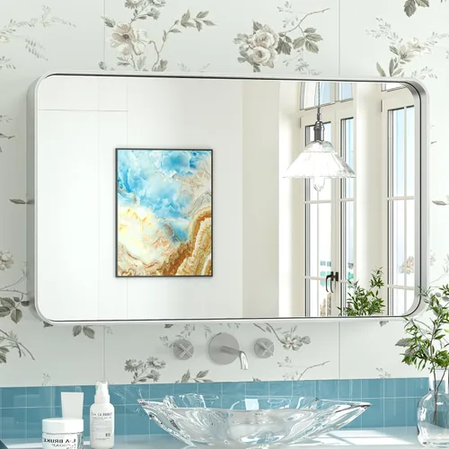 Vista 56 de TokeShimi Espejo de pared de baño de níquel cepillado de 20 x 30 pulgadas, marco de metal, esquina redonda, rectangular, para decoración del hogar