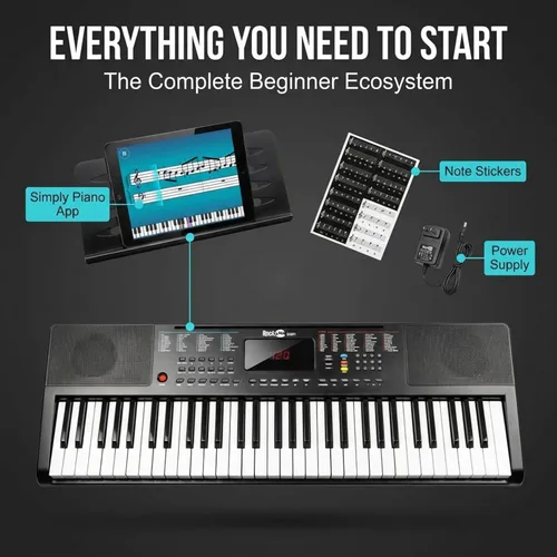 Vista 2 de RockJam - Teclado compacto de 61 teclas con soporte para partituras, fuente de alimentación, calcomanías para notas de piano y lecciones de Simply