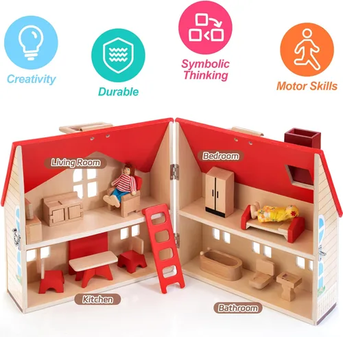 Vista 3 de WOODMAM Casa de muñecas plegable de madera con 13 piezas de muebles, 4 habitaciones y 2 muñecas flexibles, juego de casa de muñecas para juego