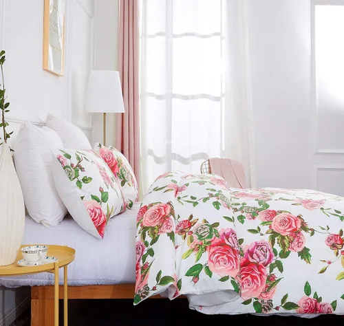Vista 5 de DaDa Bedding - Juego de funda de edredón con diseño floral de rosas románticas, precioso jardín de primavera rosa con fundas de almohada, flores