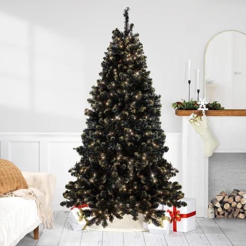 Vista 2 de Árbol de Navidad artificial de pino de cristal negro con purpurina dorada preiluminado, luces transparentes de 7.5 pies