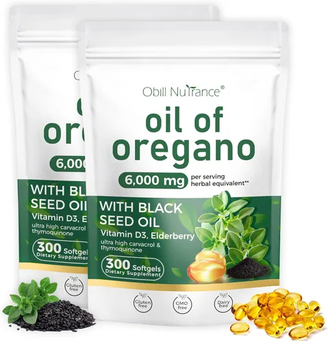 Vista 8 de Aceite de Orégano, 300 Cápsulas Blandas, Aceite de Orégano 4-en-1 con Aceite de Semilla Negra, Vitamina D3 y Saúco, Cápsulas de Aceite de Orégano
