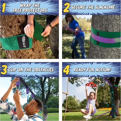 Vista 11 de Trailblaze Curso de Obstáculos de Guerrero Ninja para Niños - Diversión al Aire Libre 2x55 Pies de Cuerda Floja Ninja, Red de Escalada, Escalera
