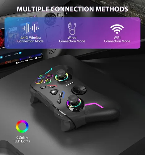 Vista 4 de YCCSKY Wireless PC Gaming Controller for Windows (781011), Compatible Nintendo Switch and Steam Deck, 9 Color LED Light Gamepad with Turbo Function