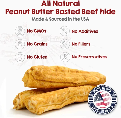 Vista 2 de Riley's Peanut Butter Beef Hide Dog Treats, USA Sourced & Made Rawhide Chew Sticks, Raw Hides for Medium Dogs, 12 ct