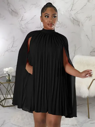 Vista 2 de Vestido corto plisado con mangas de capa para mujer, corte holgado, para cóctel, fiesta, vestido fluido