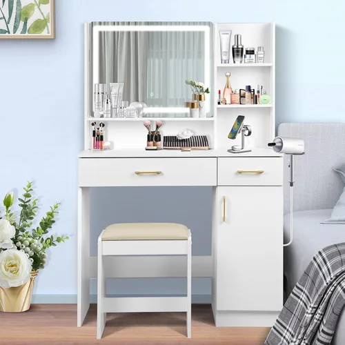 Vista 9 de QUALIKRAFT Escritorio de maquillaje iluminado con toma de corriente y taburete, tocador blanco con espejo LED, con cajones, 6 estantes