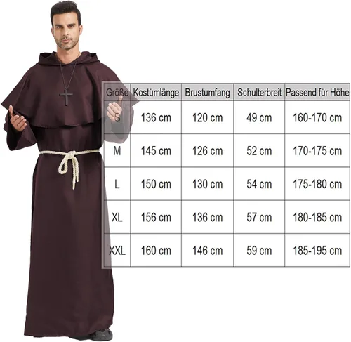 Vista 5 de Disfraz de monje, disfraz medieval de sacerdote renacentista, con capucha, capa de fraile, disfraz de cosplay, disfraz de túnica para Halloween