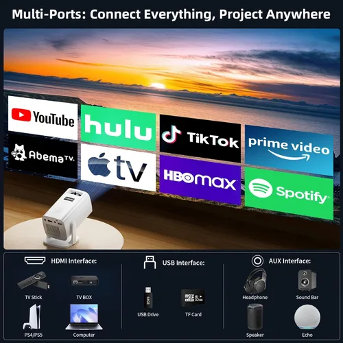 Vista 3 de Mini Projector, Portable Projector 4K & Full HD 1080P Support, 270° Rotation Outdoor Projector, Movie Projector Compatible with Smartphone, TV