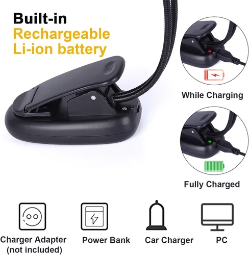 Vista 3 de Luz de soporte de música recargable, luz de lectura con clip, lámpara de libro de 8 LED, brillo de 3 niveles para protección ocular, perfecta