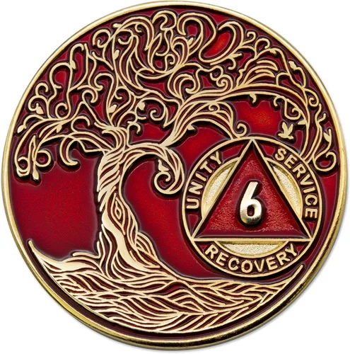 Vista 125 de 1 año Sobriety Mint Twisted Tree of Life Medallón de recuperación AA chapado en oro, chip/ficha - negro