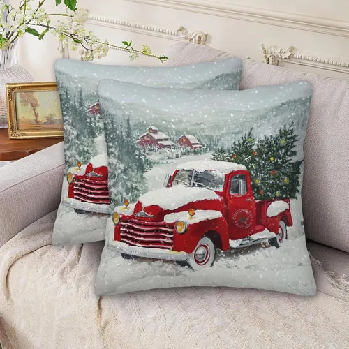 Vista 6 de Juego de 2 fundas de almohada de árboles de Navidad de 18 x 18 pulgadas, fundas de almohada decorativas con nieve y camión rojo, funda cuadrada