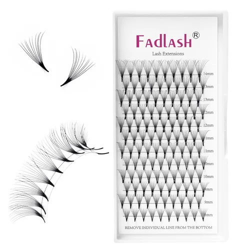 Vista 27 de FADLASH Extensiones de pestañas postizas en abanico con base puntiaguda 10D, extensiones de pestañas postizas de tallo medio, extensiones