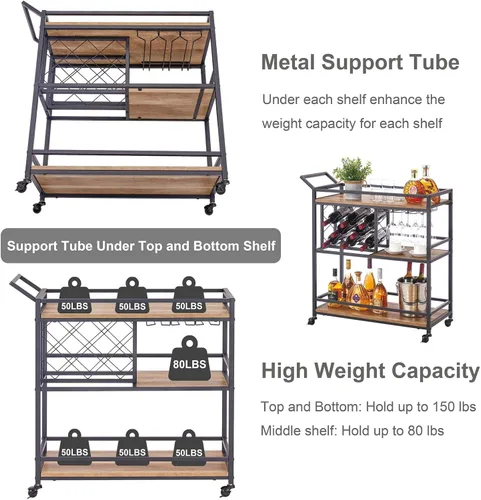 Vista 4 de FATORRI Carrito de bar para el hogar, carritos de vino rodantes sobre ruedas con estantes de madera de 3 niveles, carrito de bebidas de licor